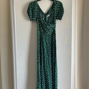Reformation green floral midi. Off the shoulder, Front slit, back zipper